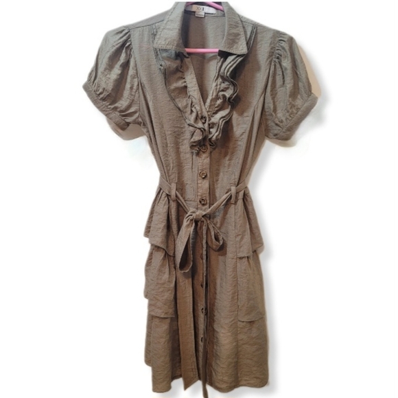 FOREVER XXI Cute 3/4 Army Green Tunic Top with Belt and Ruffles Size Small - Picture 4 of 13